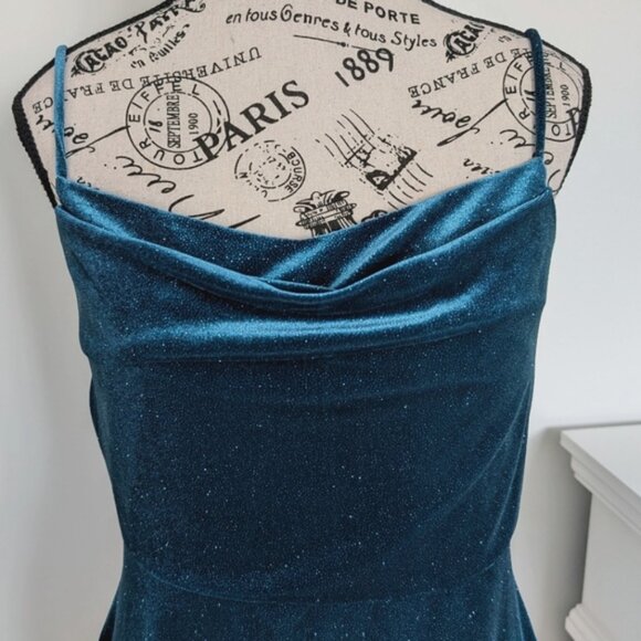 RACHEL ZOE | Women's Teal Blue Sparkly Velvet Spaghetti Strapped Midi Dress - Picture 2 of 5